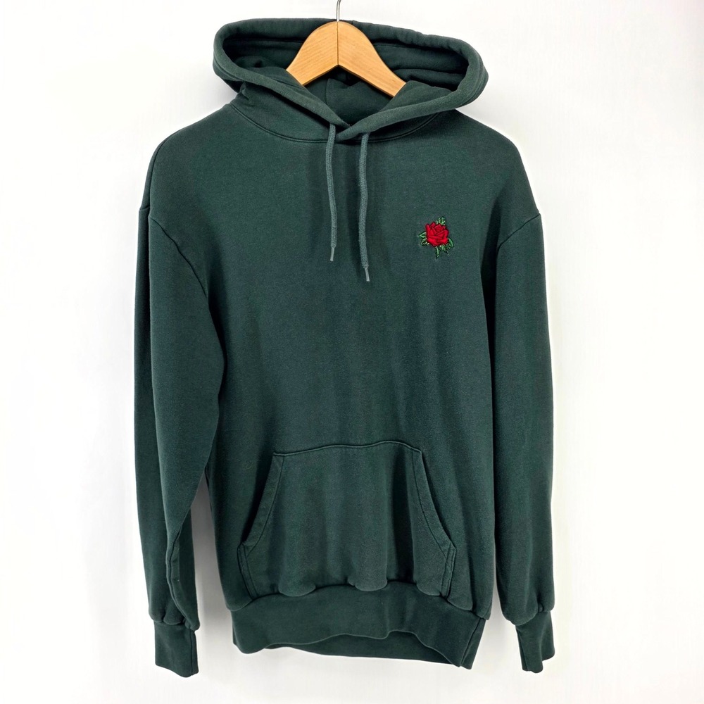 H&M Divided Hoodie Men XS Dark Green Rose Embroidered Pullover Sweatshirt Floral